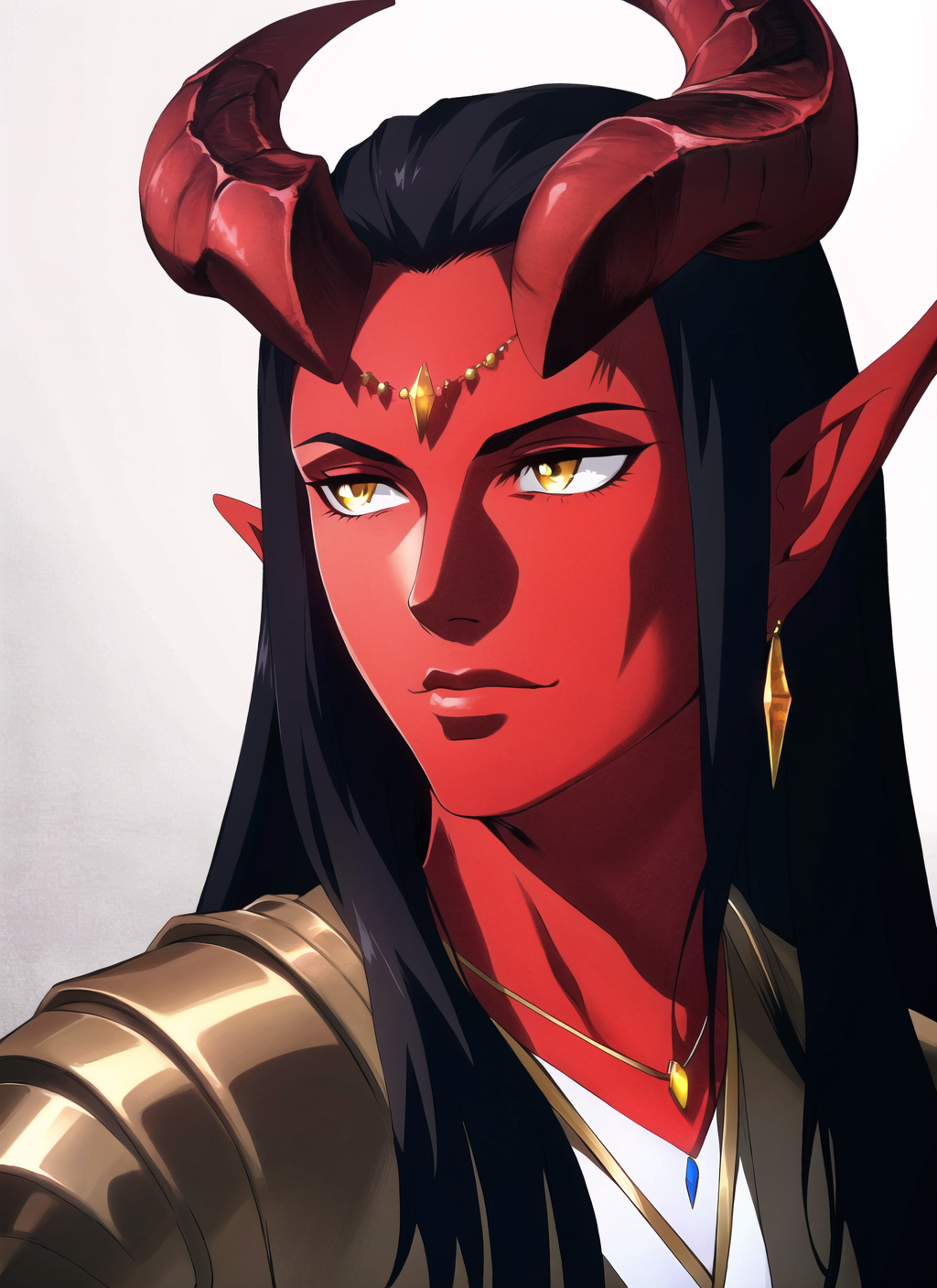 11072344-1650465305-Tiefling, solo, horns, pointy ears, male focus, black hair, male, long hair, jewelry, yellow eyes, colored skin, necklace, armor.png